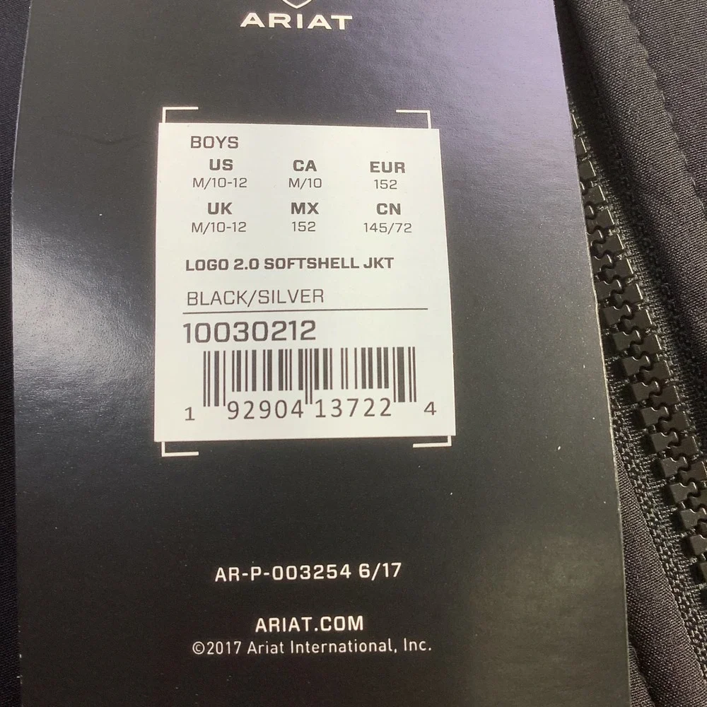 Ariat Boys Logo 2.0 Softshell Jacket Black Wind Water Resistant Size M‎ NWT